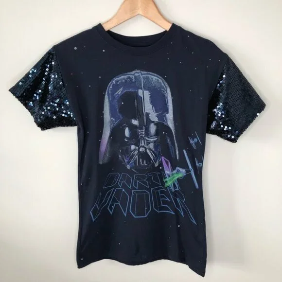 Star Wars Darth Vader Navy Blue Graphic T-Shirt with Sequin Sleeves Size Small - Picture 1 of 5